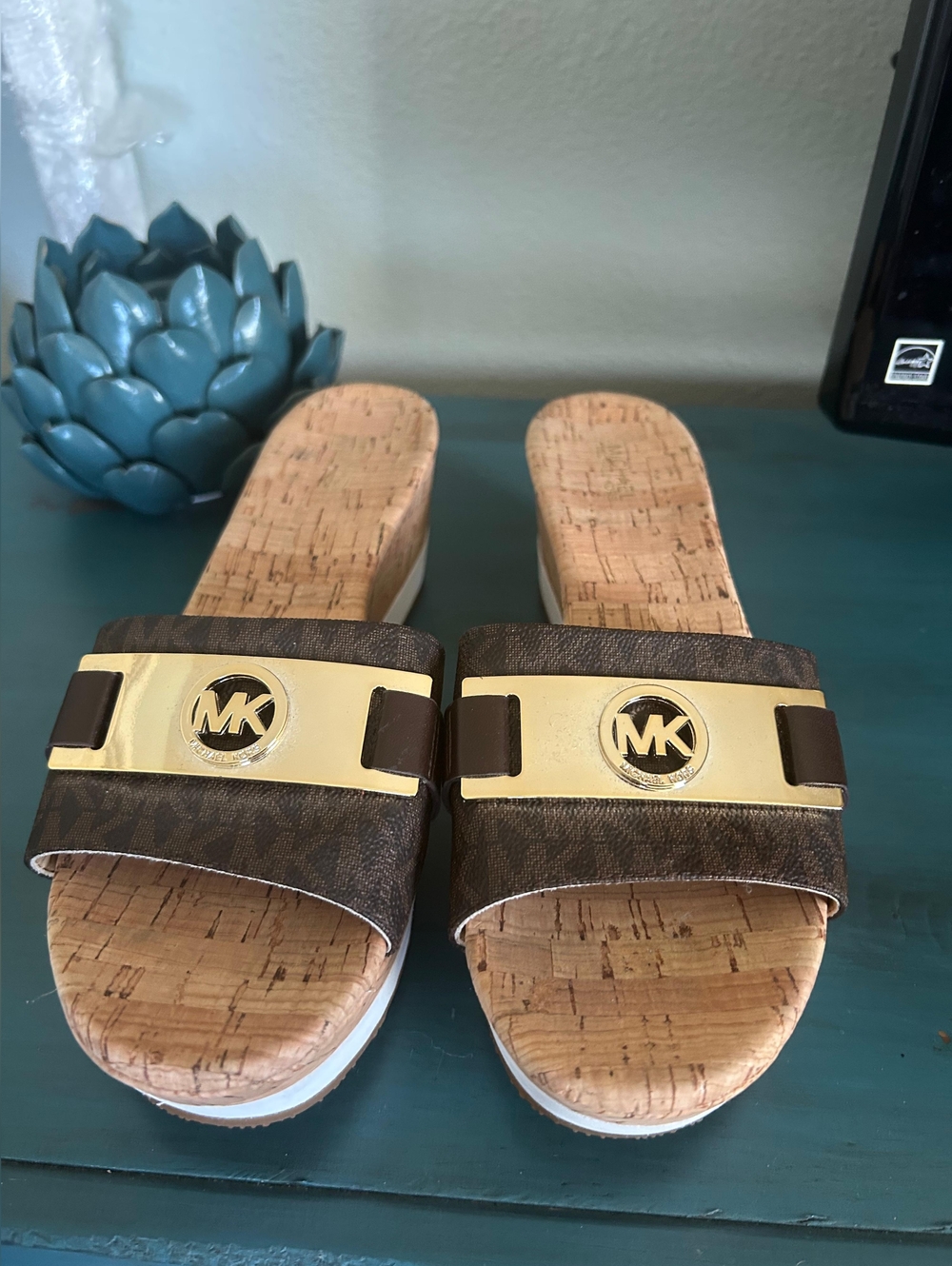 Michael Kors MK Logo Cork Slide Sandals - Brown/Gold